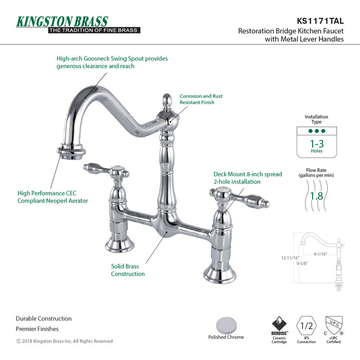 Tudor KS1171TAL Two-Handle 2-Hole Deck Mount Bridge Kitchen Faucet, Polished Chrome