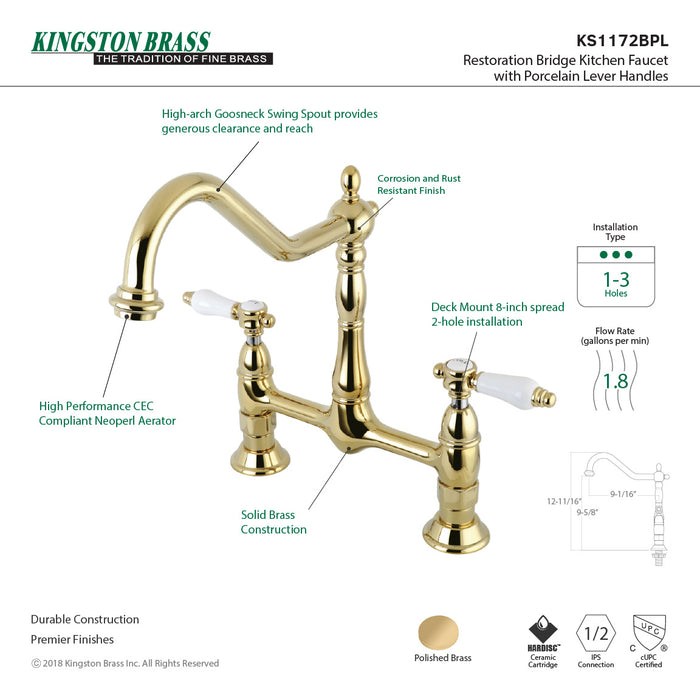 Bel-Air KS1172BPL Two-Handle 2-Hole Deck Mount Bridge Kitchen Faucet, Polished Brass