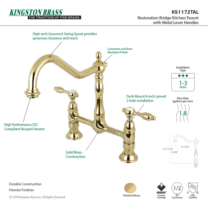 Tudor KS1172TAL Two-Handle 2-Hole Deck Mount Bridge Kitchen Faucet, Polished Brass