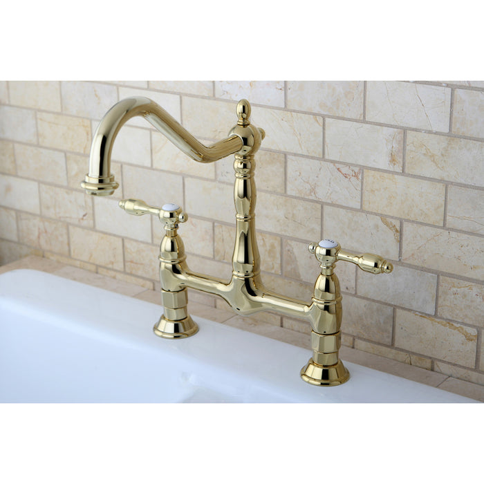 Tudor KS1172TAL Two-Handle 2-Hole Deck Mount Bridge Kitchen Faucet, Polished Brass