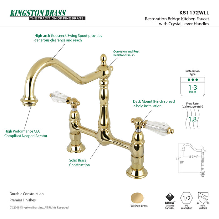 Wilshire KS1172WLL Two-Handle 2-Hole Deck Mount Bridge Kitchen Faucet, Polished Brass