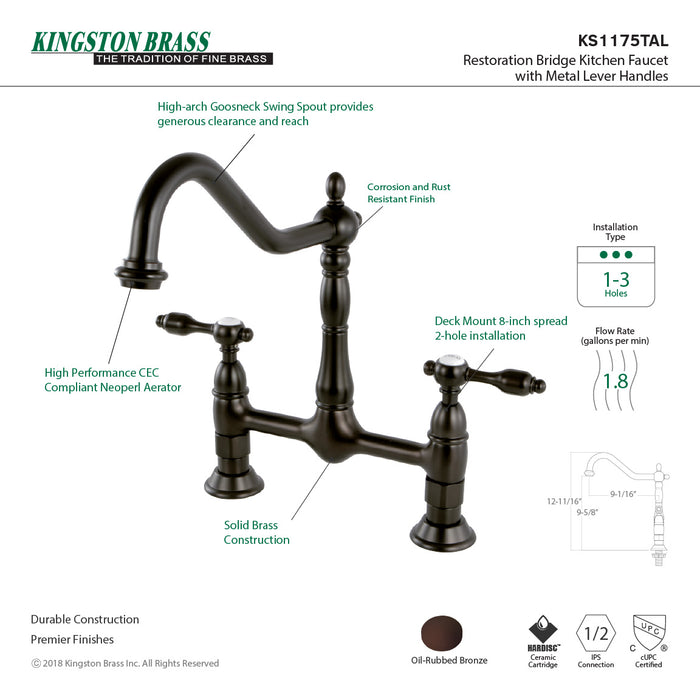 Tudor KS1175TAL Two-Handle 2-Hole Deck Mount Bridge Kitchen Faucet, Oil Rubbed Bronze