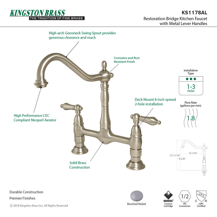 Heritage KS1178AL Two-Handle 2-Hole Deck Mount Bridge Kitchen Faucet, Brushed Nickel