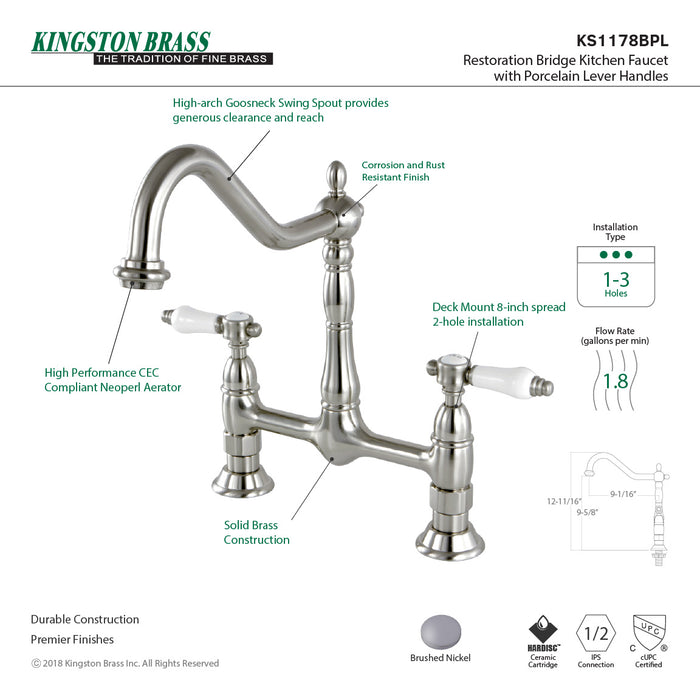 Bel-Air KS1178BPL Two-Handle 2-Hole Deck Mount Bridge Kitchen Faucet, Brushed Nickel