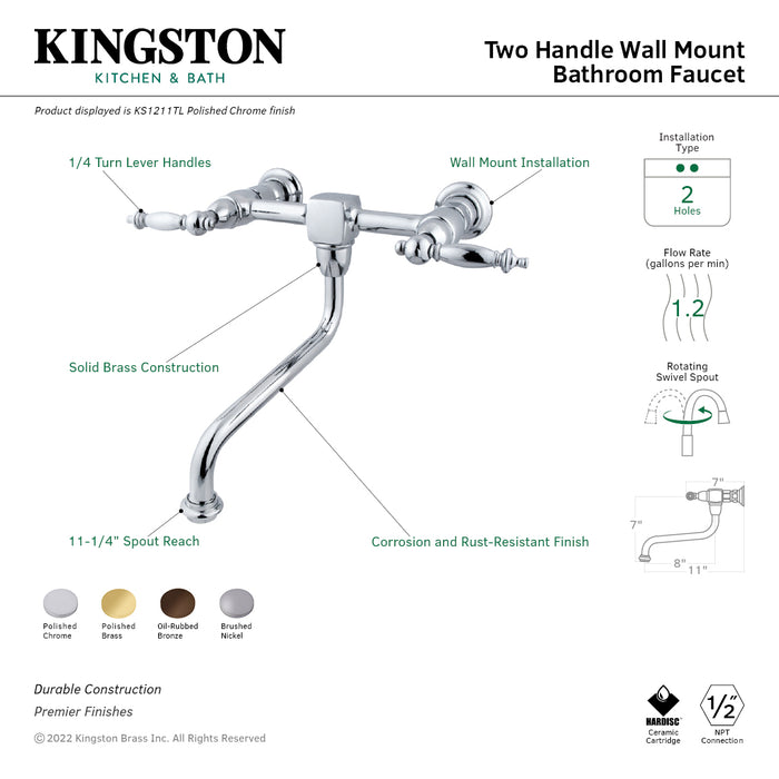 Heritage KS1211TL Double-Handle 2-Hole Wall Mount Bathroom Faucet, Polished Chrome