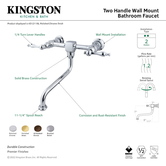 Heritage KS1212NL Double-Handle 2-Hole Wall Mount Bathroom Faucet, Polished Brass