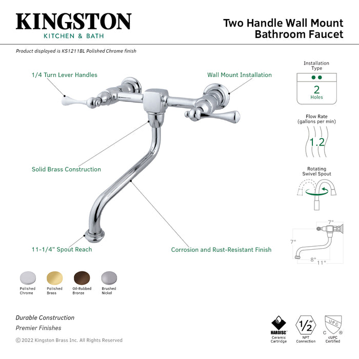 Heritage KS1215BL Double-Handle 2-Hole Wall Mount Bathroom Faucet, Oil Rubbed Bronze