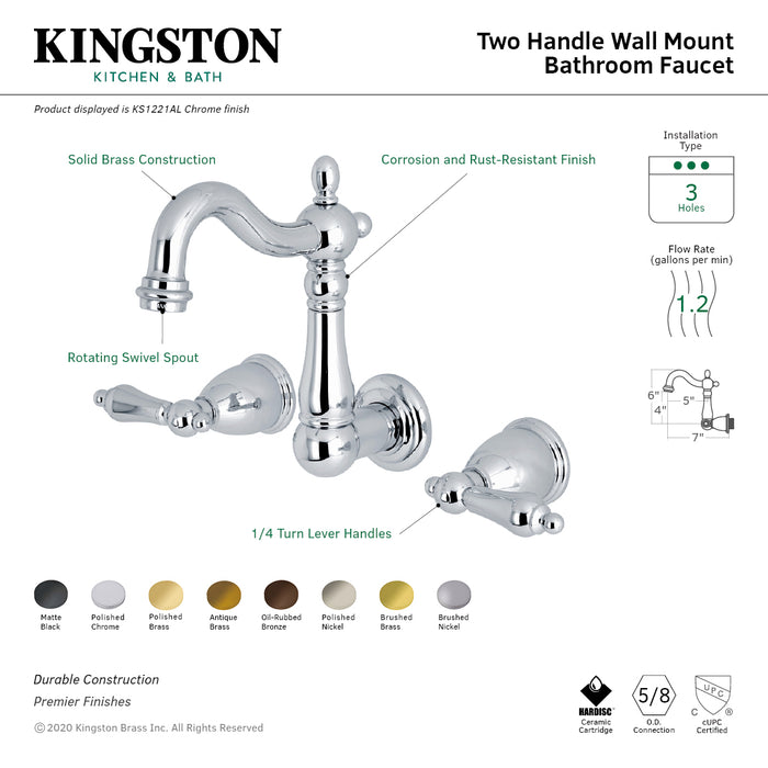 Heritage KS1220AL Double-Handle 3-Hole Wall Mount Bathroom Faucet, Matte Black