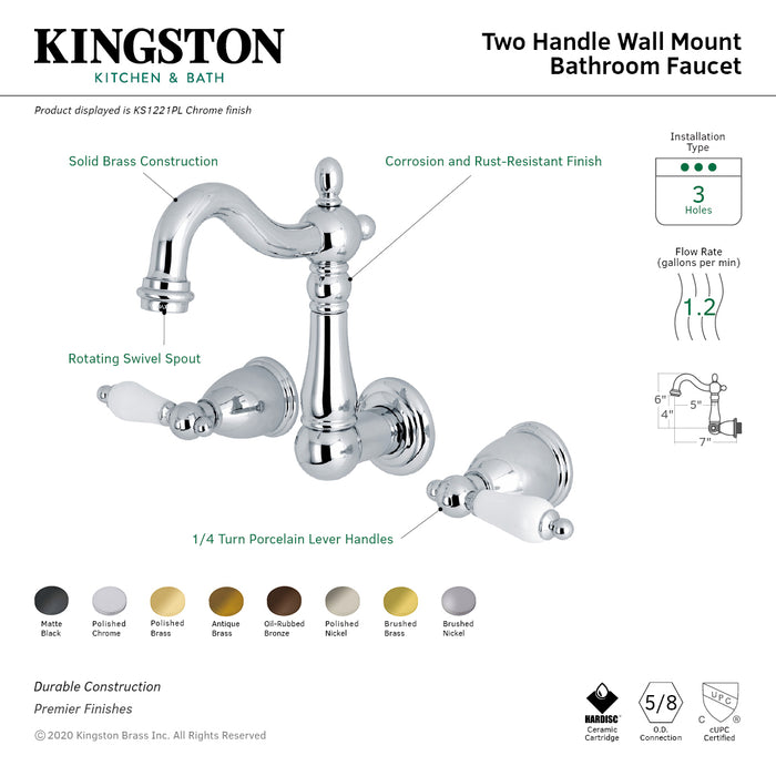 Heritage KS1223PL Double-Handle 3-Hole Wall Mount Bathroom Faucet, Antique Brass