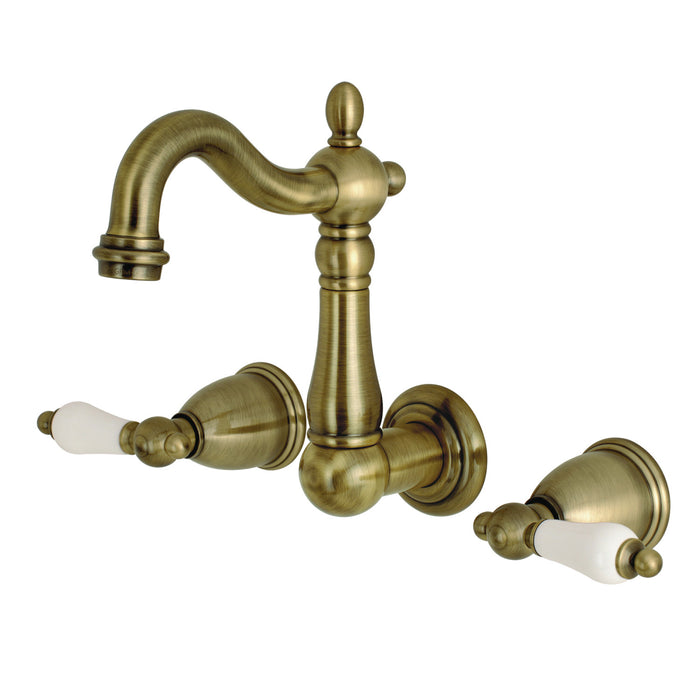 Heritage KS1223PL Double-Handle 3-Hole Wall Mount Bathroom Faucet, Antique Brass