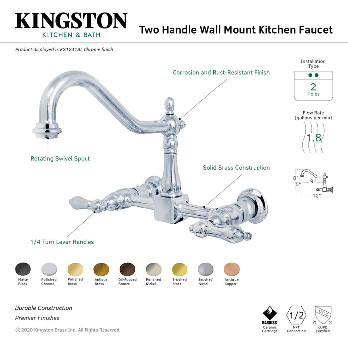 Heritage KS1241AL Two-Handle 2-Hole Wall Mount Bridge Kitchen Faucet, Polished Chrome