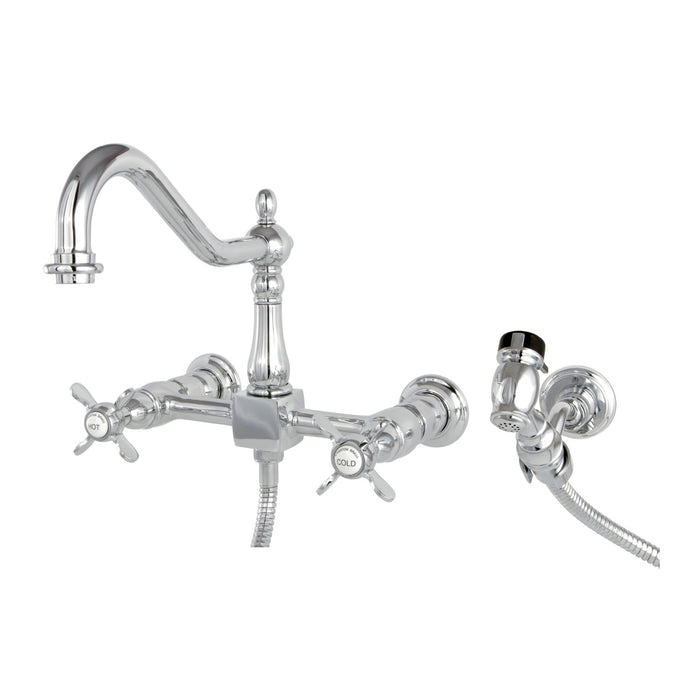 Essex KS1241BEXBS Two-Handle 2-Hole Wall Mount Bridge Kitchen Faucet with Brass Sprayer, Polished Chrome