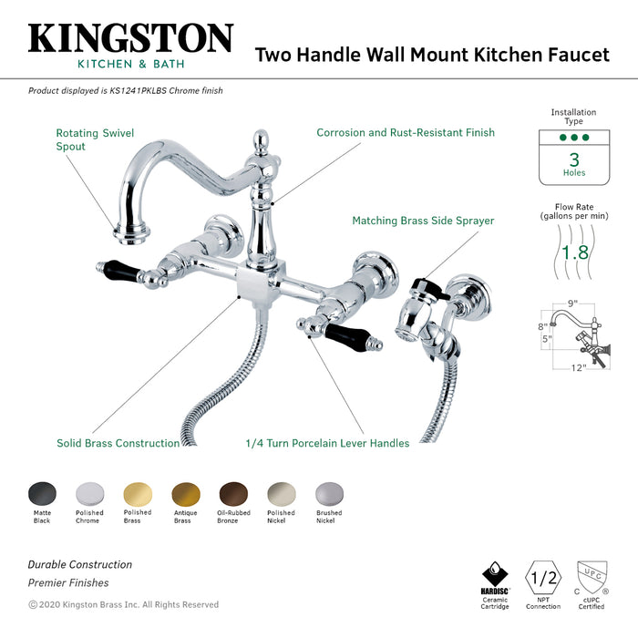 Duchess KS1241PKLBS Two-Handle 2-Hole Wall Mount Bridge Kitchen Faucet with Brass Sprayer, Polished Chrome