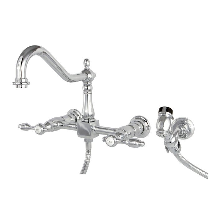 Tudor KS1241TALBS Two-Handle 2-Hole Wall Mount Bridge Kitchen Faucet with Brass Sprayer, Polished Chrome