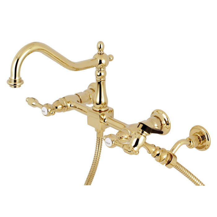 Tudor KS1242TALBS Two-Handle 2-Hole Wall Mount Bridge Kitchen Faucet with Brass Sprayer, Polished Brass