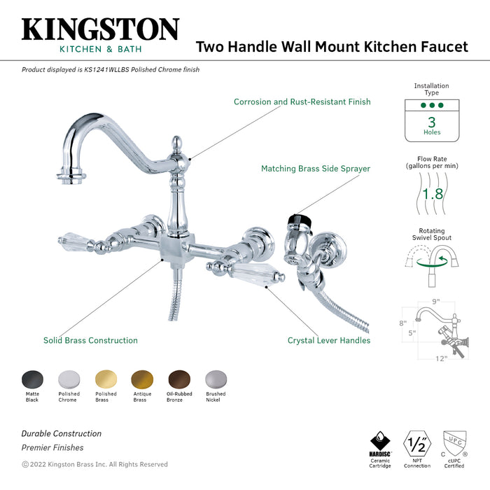 Wilshire KS1242WLLBS Two-Handle 2-Hole Wall Mount Bridge Kitchen Faucet with Brass Sprayer, Polished Brass