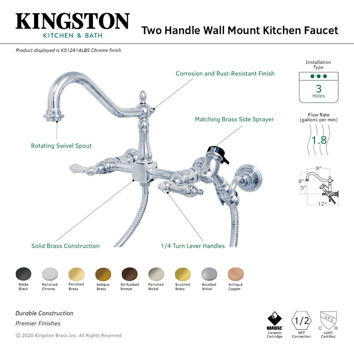 Heritage KS1243ALBS Two-Handle 2-Hole Wall Mount Bridge Kitchen Faucet with Brass Sprayer, Antique Brass