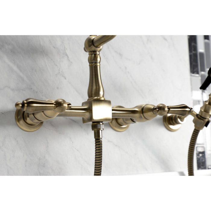 Heritage KS1243ALBS Two-Handle 2-Hole Wall Mount Bridge Kitchen Faucet with Brass Sprayer, Antique Brass