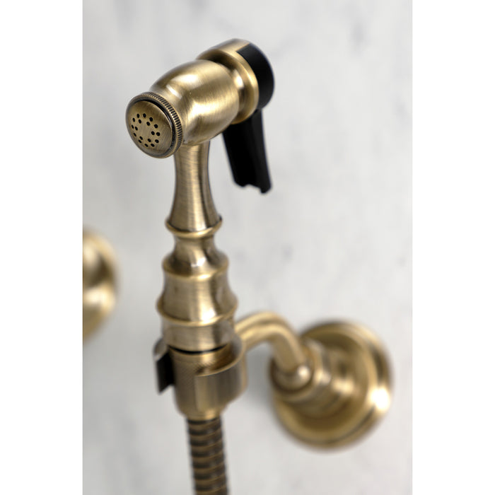 Heritage KS1243ALBS Two-Handle 2-Hole Wall Mount Bridge Kitchen Faucet with Brass Sprayer, Antique Brass