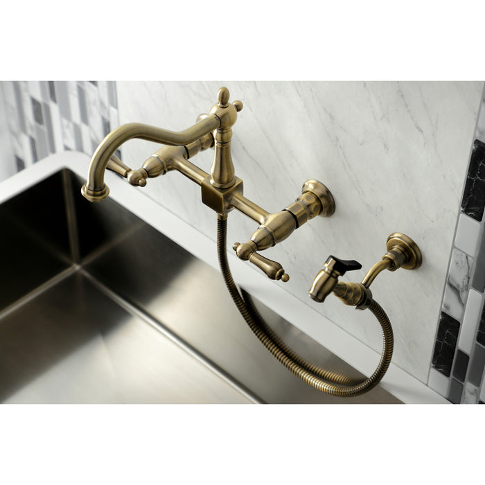 Heritage KS1243ALBS Two-Handle 2-Hole Wall Mount Bridge Kitchen Faucet with Brass Sprayer, Antique Brass