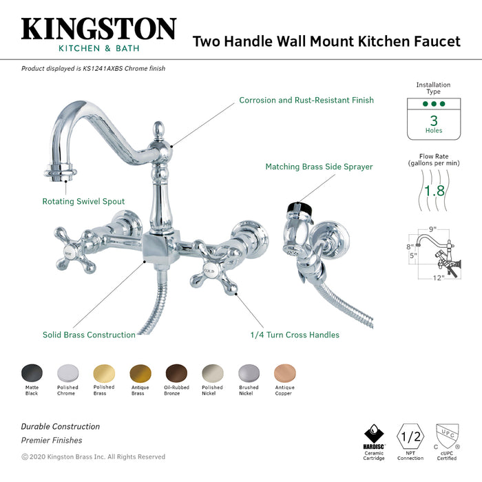 Heritage KS1243AXBS Two-Handle 2-Hole Wall Mount Bridge Kitchen Faucet with Brass Sprayer, Antique Brass