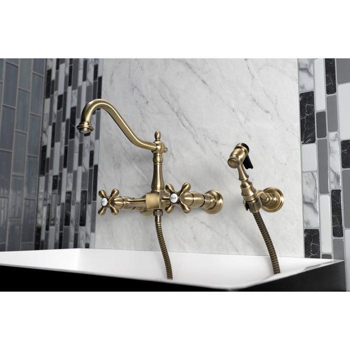 Heritage KS1243AXBS Two-Handle 2-Hole Wall Mount Bridge Kitchen Faucet with Brass Sprayer, Antique Brass