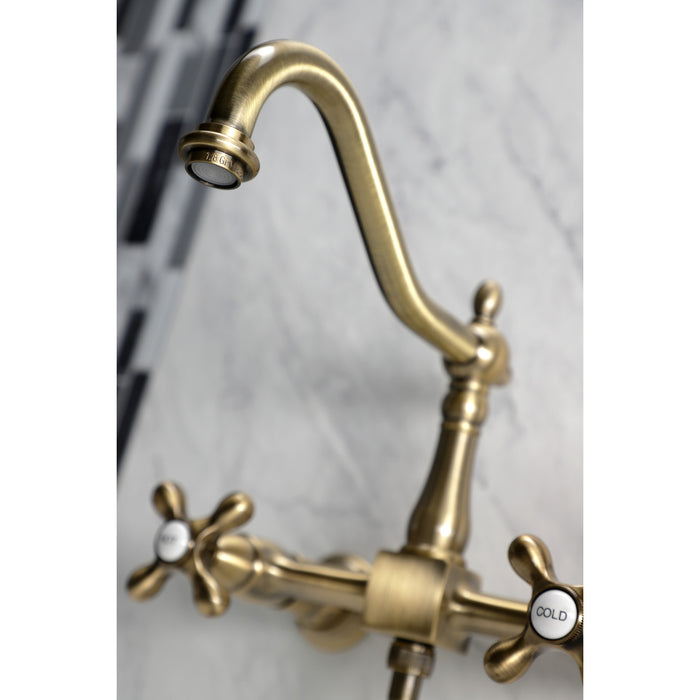 Heritage KS1243AXBS Two-Handle 2-Hole Wall Mount Bridge Kitchen Faucet with Brass Sprayer, Antique Brass