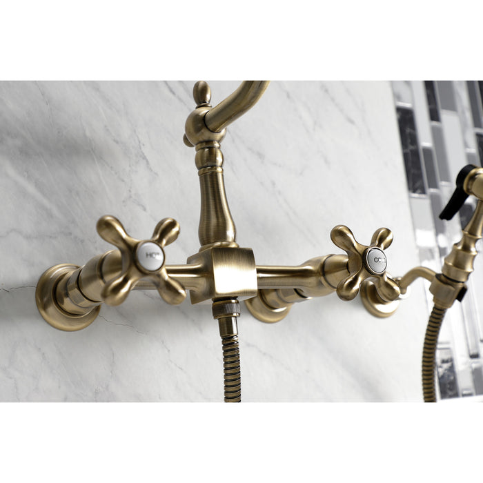 Heritage KS1243AXBS Two-Handle 2-Hole Wall Mount Bridge Kitchen Faucet with Brass Sprayer, Antique Brass