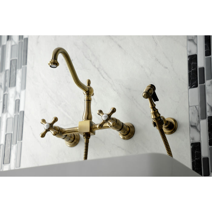 Heritage KS1243AXBS Two-Handle 2-Hole Wall Mount Bridge Kitchen Faucet with Brass Sprayer, Antique Brass