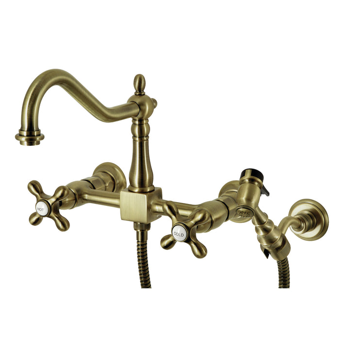 Heritage KS1243AXBS Two-Handle 2-Hole Wall Mount Bridge Kitchen Faucet with Brass Sprayer, Antique Brass