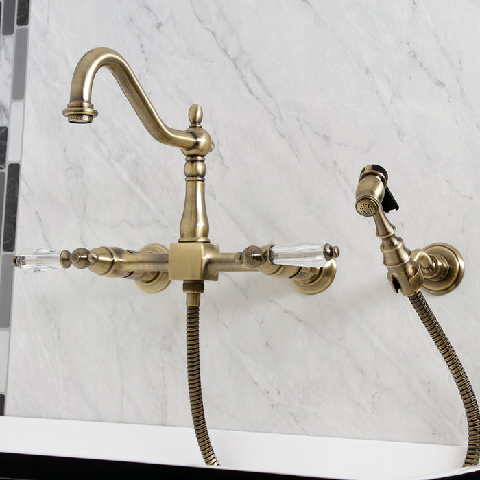 Wilshire KS1243WLLBS Two-Handle 3-Hole Wall Mount Bridge Kitchen Faucet with Brass Sprayer, Antique Brass