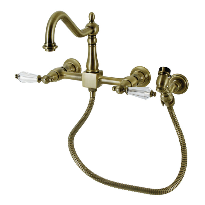 Wilshire KS1243WLLBS Two-Handle 3-Hole Wall Mount Bridge Kitchen Faucet with Brass Sprayer, Antique Brass