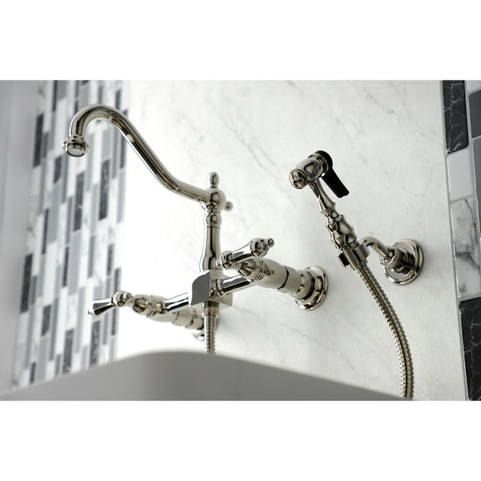 Heritage KS1246ALBS Two-Handle 2-Hole Wall Mount Bridge Kitchen Faucet with Brass Sprayer, Polished Nickel