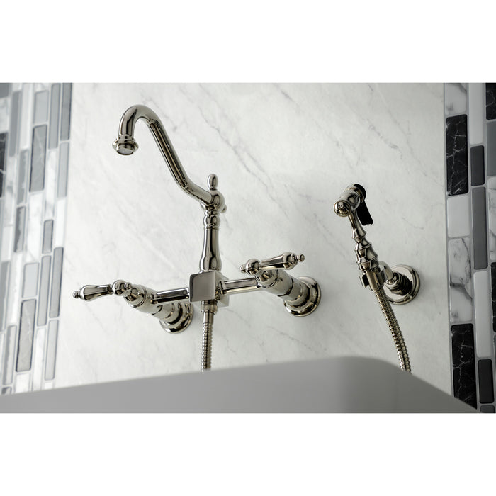 Heritage KS1246ALBS Two-Handle 2-Hole Wall Mount Bridge Kitchen Faucet with Brass Sprayer, Polished Nickel