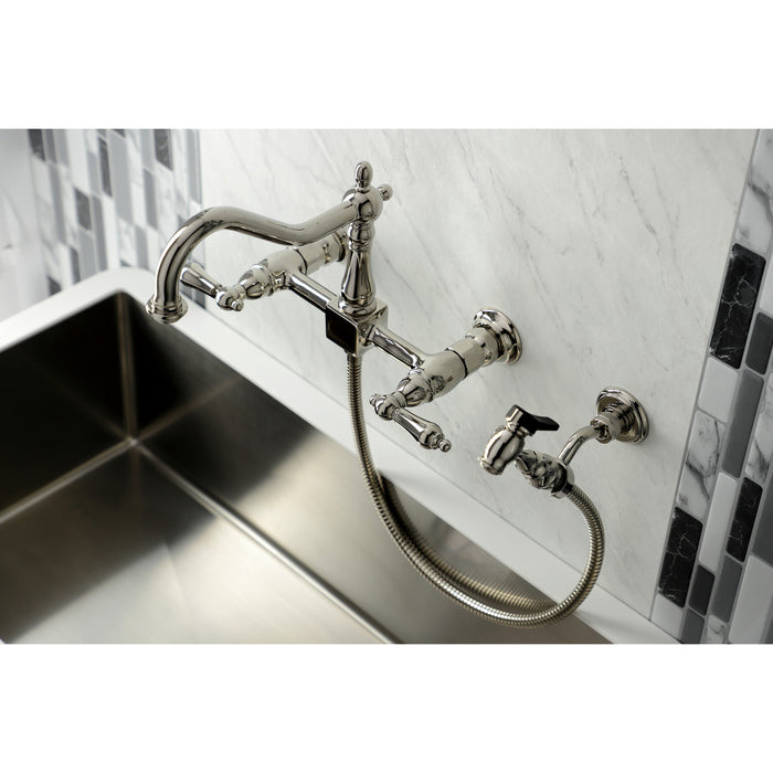 Heritage KS1246ALBS Two-Handle 2-Hole Wall Mount Bridge Kitchen Faucet with Brass Sprayer, Polished Nickel