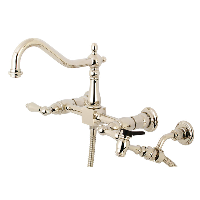 Heritage KS1246ALBS Two-Handle 2-Hole Wall Mount Bridge Kitchen Faucet with Brass Sprayer, Polished Nickel