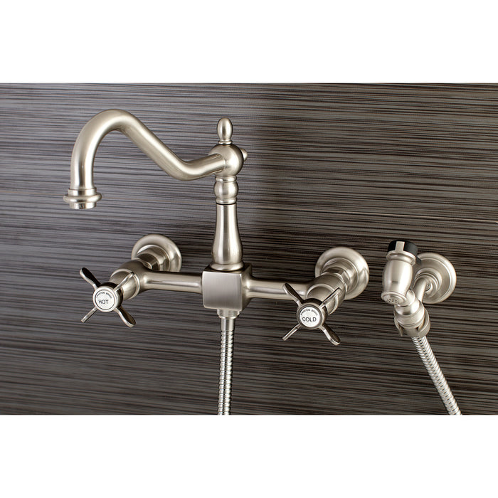 Essex KS1248BEXBS Two-Handle 2-Hole Wall Mount Bridge Kitchen Faucet with Brass Sprayer, Brushed Nickel