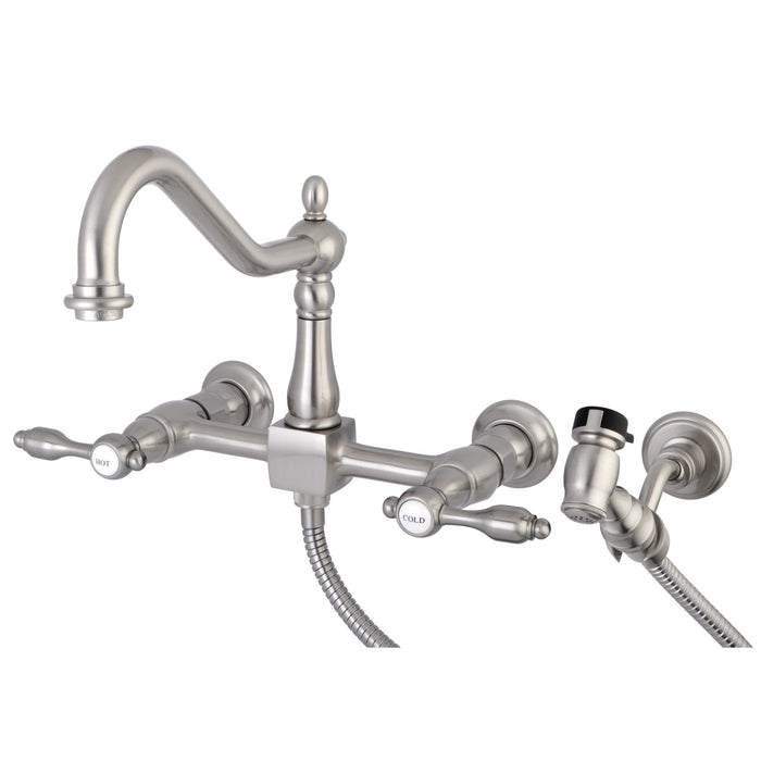 Tudor KS1248TALBS Two-Handle 2-Hole Wall Mount Bridge Kitchen Faucet with Brass Sprayer, Brushed Nickel