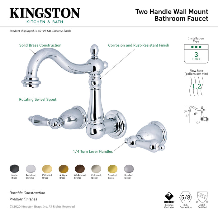 Heritage KS1252AL Double-Handle 3-Hole Wall Mount Bathroom Faucet, Polished Brass