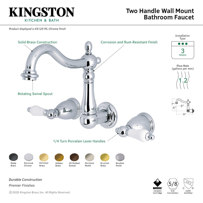 Heritage KS1252PL Double-Handle 3-Hole Wall Mount Bathroom Faucet, Polished Brass