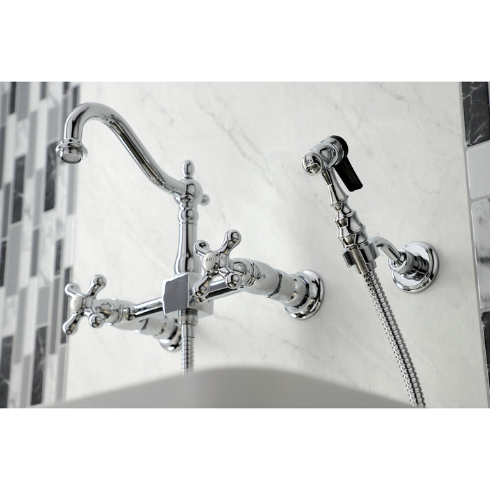 Heritage KS1261AXBS Two-Handle 2-Hole Wall Mount Bridge Kitchen Faucet with Brass Sprayer, Polished Chrome