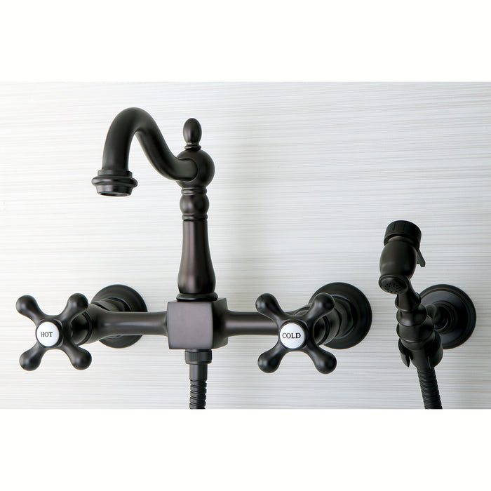 Heritage KS1265AXBS Two-Handle 2-Hole Wall Mount Bridge Kitchen Faucet with Brass Sprayer, Oil Rubbed Bronze