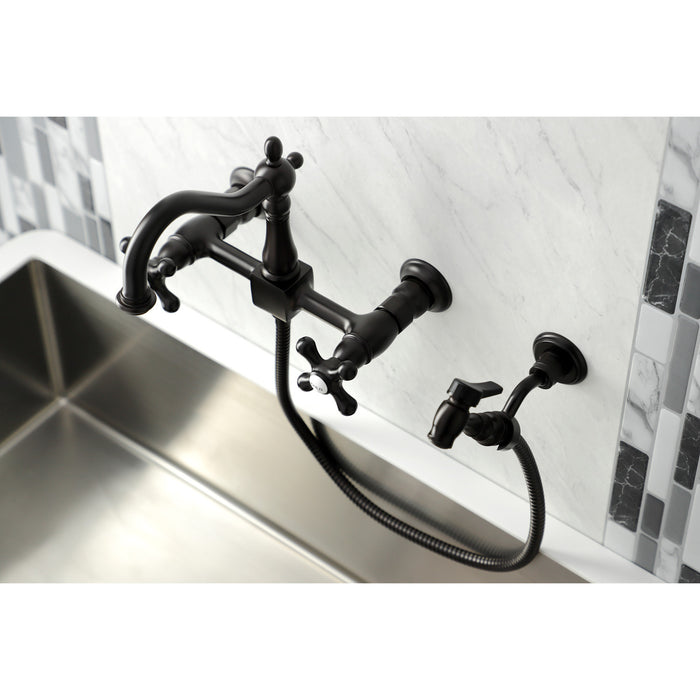 Heritage KS1265AXBS Two-Handle 2-Hole Wall Mount Bridge Kitchen Faucet with Brass Sprayer, Oil Rubbed Bronze