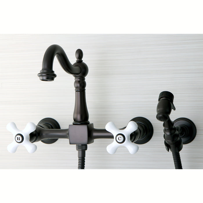 Heritage KS1265PXBS Two-Handle 2-Hole Wall Mount Bridge Kitchen Faucet with Brass Sprayer, Oil Rubbed Bronze