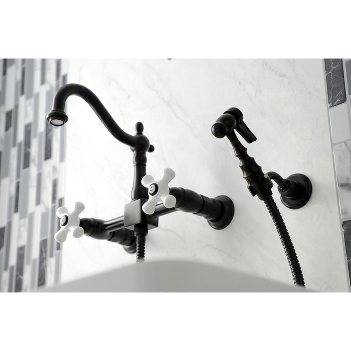 Heritage KS1265PXBS Two-Handle 2-Hole Wall Mount Bridge Kitchen Faucet with Brass Sprayer, Oil Rubbed Bronze