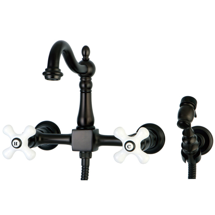 Heritage KS1265PXBS Two-Handle 2-Hole Wall Mount Bridge Kitchen Faucet with Brass Sprayer, Oil Rubbed Bronze