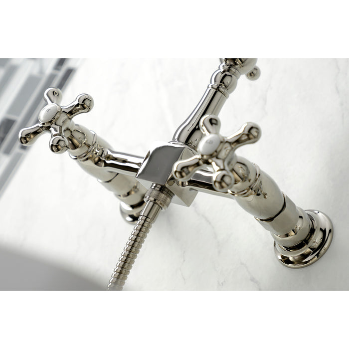 Heritage KS1266AXBS Two-Handle 2-Hole Wall Mount Bridge Kitchen Faucet with Brass Sprayer, Polished Nickel