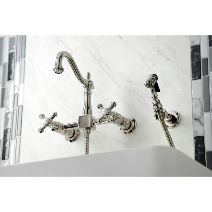 Heritage KS1266AXBS Two-Handle 2-Hole Wall Mount Bridge Kitchen Faucet with Brass Sprayer, Polished Nickel