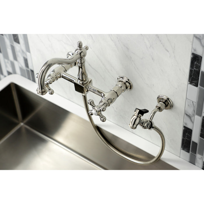 Heritage KS1266AXBS Two-Handle 2-Hole Wall Mount Bridge Kitchen Faucet with Brass Sprayer, Polished Nickel