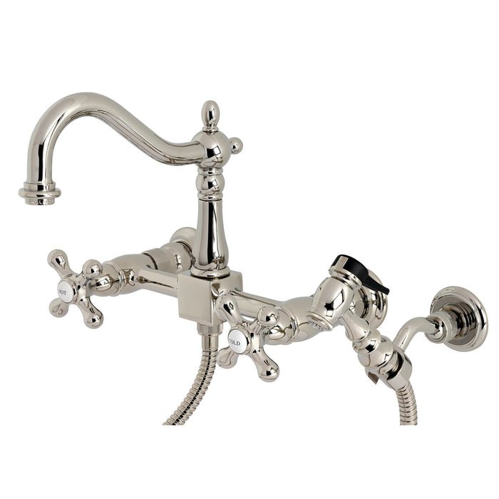 Heritage KS1266AXBS Two-Handle 2-Hole Wall Mount Bridge Kitchen Faucet with Brass Sprayer, Polished Nickel